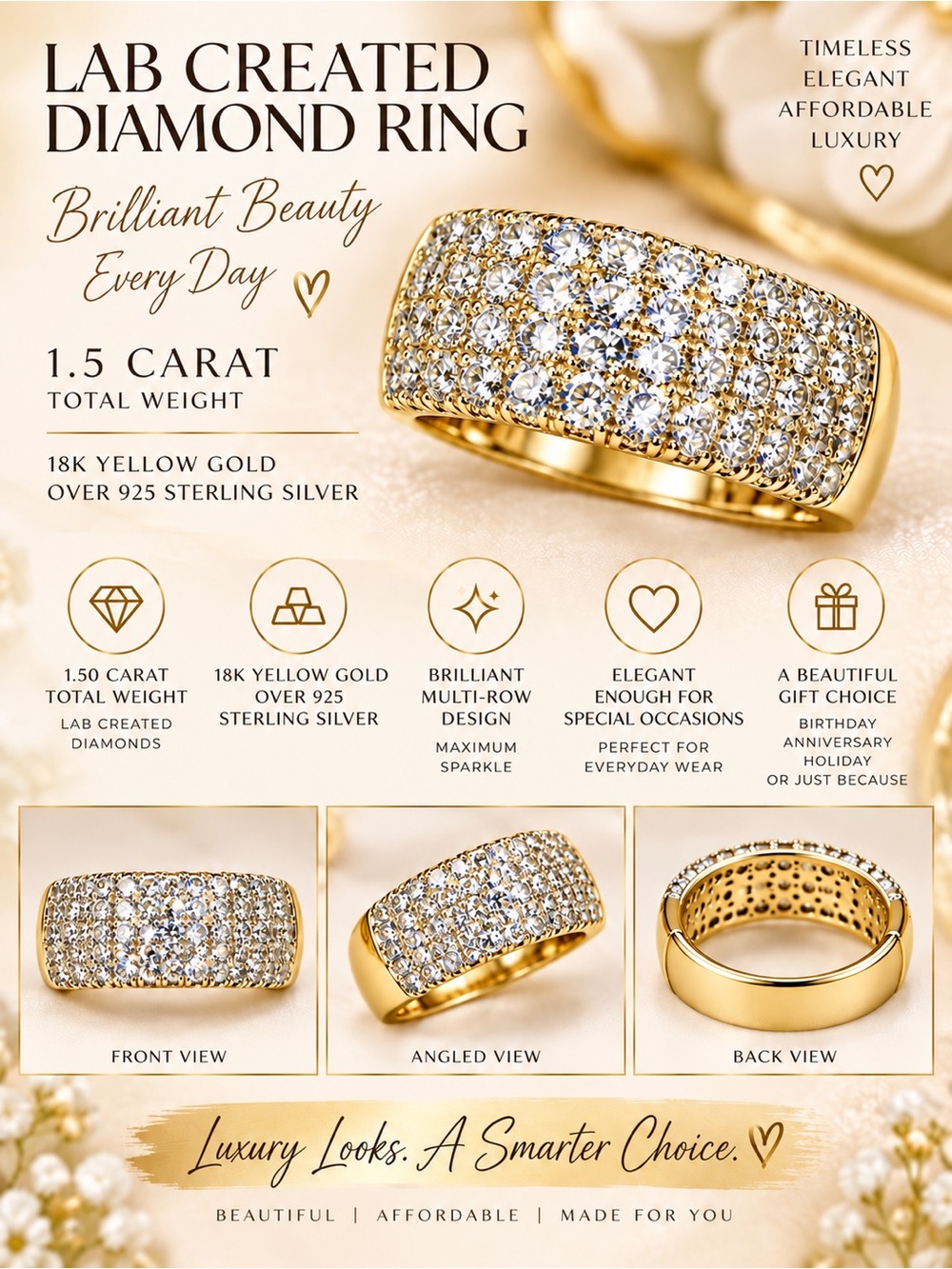 Authentic Lab Diamond Multi-Row Band Ring 1.5 c.t.w in Yellow Gold